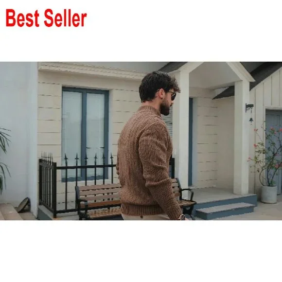 Quarter-Zip Pullover Sweater Mock Neck Ribbed Knit Classic Fit Winter Warm